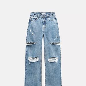 Zara Z1975 Mid Waist Ripped Cut Out Straight Leg Jeans